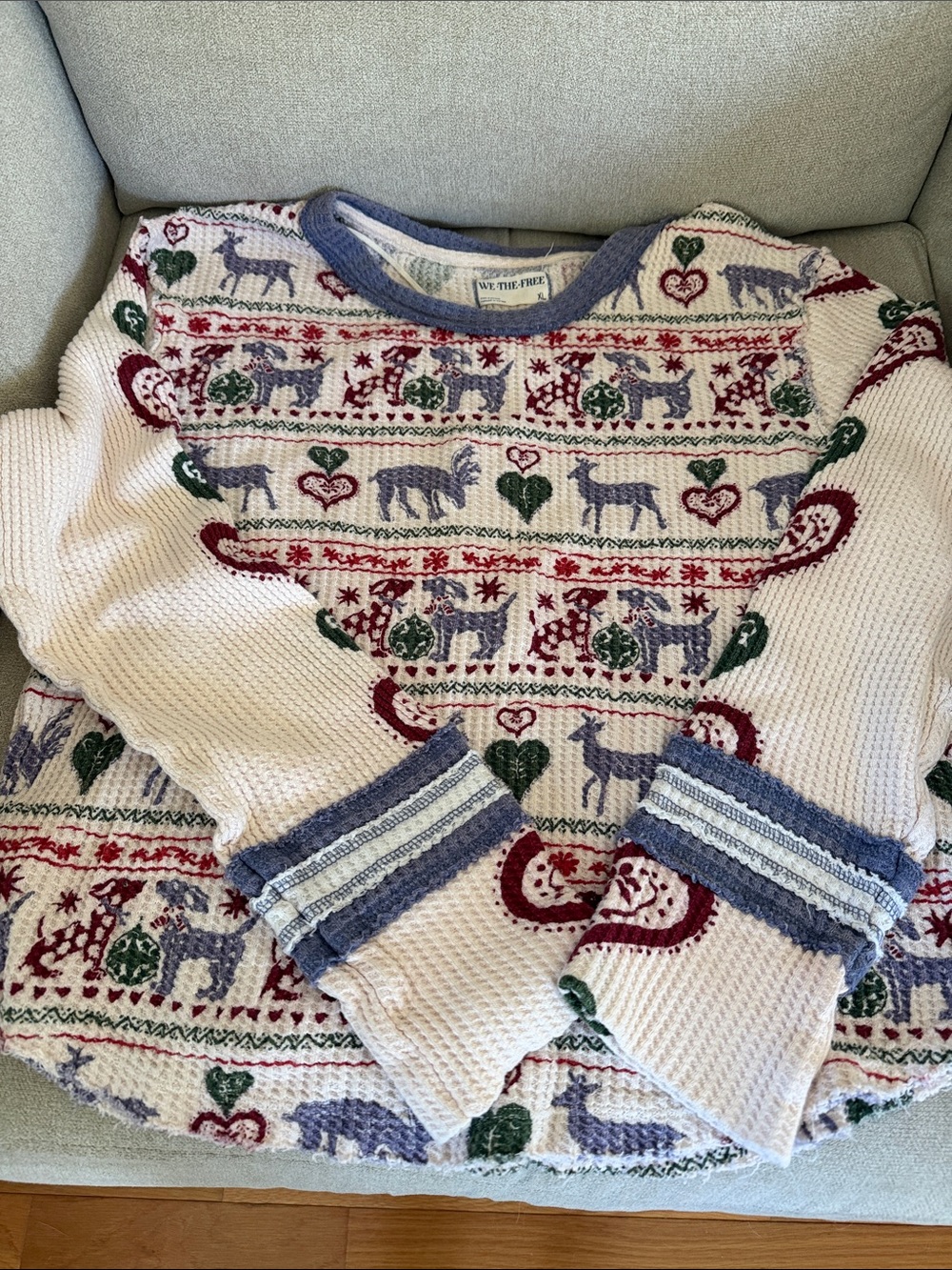 We The Free Cream Crewneck Sweater with Red, Green & Blue Motifs